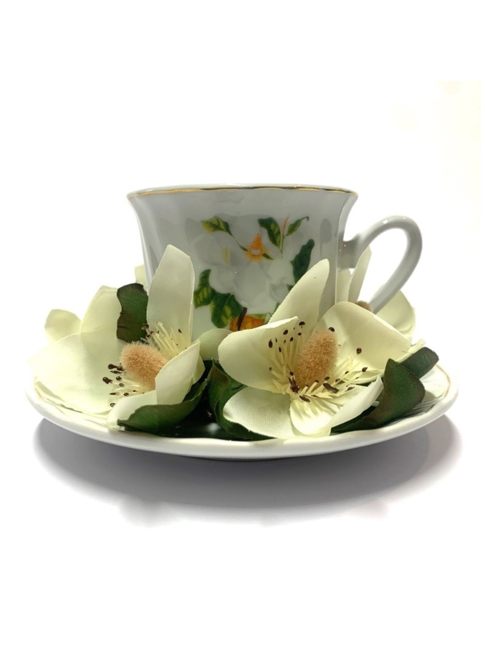 Vintage Porcelain Magnolia Teacup Candle Set Floral Cottagecore NIB